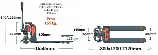 Thông số kích thước của xe nâng tay điện thấp 1.5 tấn PTE15X: