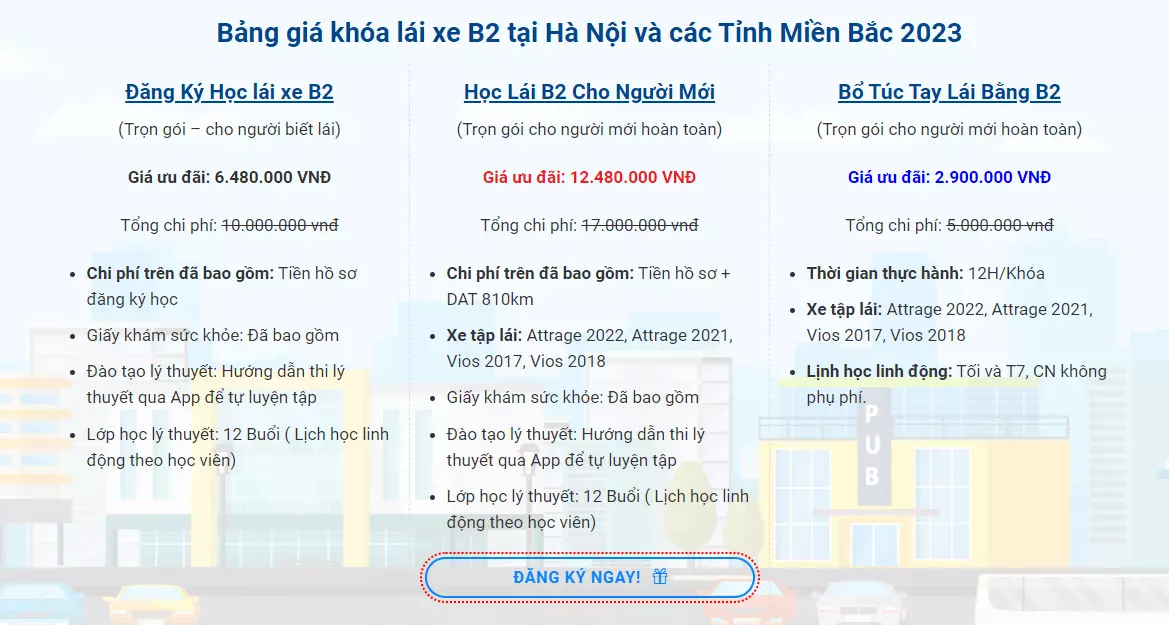 Bảng giá học lái xe B1 2023 trọn gói tại Hà Nội