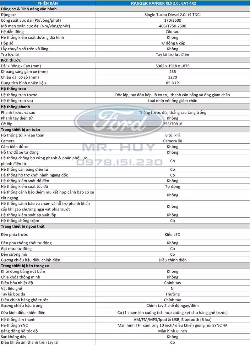Bảng thông số kỹ thuật Ford Ranger XLS 2024